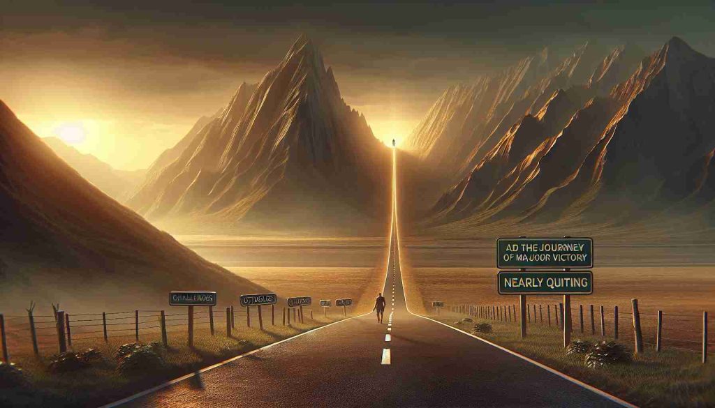 An inspiring, realistic scene depicting a journey of major victory after nearly quitting. This image embodies the challenges, obstacles and ultimately the triumph. This conceptual journey does not pertain to any specific person but is rather a general representation of overcoming adversity and achieving success. The scene might include mile markers or a road representing the challenges met along the path, illustrating the concept of an enduring trek through hardship, leading to a pinnacle of victory.