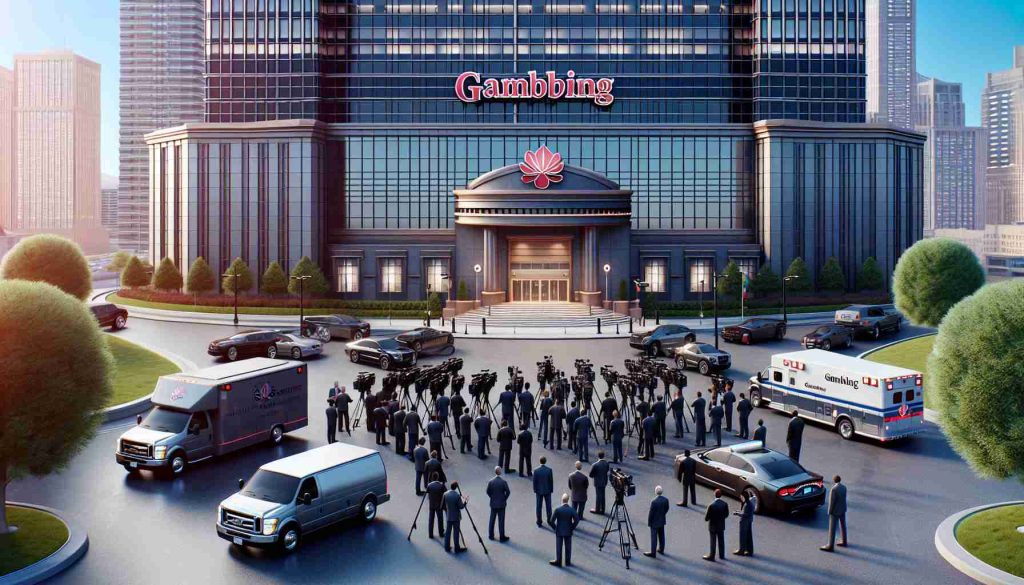 Generate a realistic high-definition image showing the event of a major gambling company being accused of various wrongdoings. The scene includes a large corporate building with the gambling company's logo prominently displayed, surrounded by media vehicles and reporters questioning officials. The atmosphere is thick with tension, suggesting potential severe penalties for the firm.