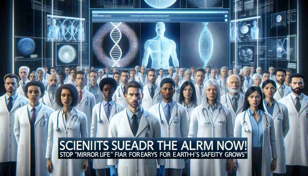 Generate a realistic high-definition image illustrating the headline 'Scientists Sound the Alarm: Stop “Mirror Life” Research Now! Fear for Earth’s Safety Grows.' The visualization should include a group of diverse scientists of various descents like Caucasian, Black, Hispanic, and South Asian, evenly distributed. They can be depicted with concerns etched on their faces, standing in a high-tech laboratory. In the background, there could be large screens displaying DNA strands and other scientific imagery that represents 'Mirror Life' research.