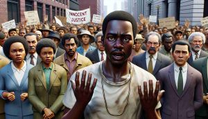 A high-definition, realistic image depicting a scene of protest tensions escalating. A young man, of African descent with a firm and resolute expression, is emphatically denying charges being directed towards him. His hands are spread in an open gesture of innocent proclamation. All around him, a diverse crowd of various ages and descents look on with a mixture of skepticism and support. A banner related to justice is visible in the background, signaling a call for justice to prevail.