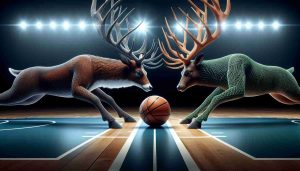 A realistic high-definition image representing a symbolic clash between two professional basketball teams. One team is represented by a roaring deer, symbolizing agility and strength. The other team is represented by a tightly woven mesh net, symbolizing cunning and strong defense. They are facing off on a basketball court under the bright lights.