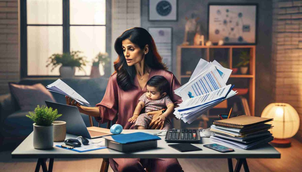 An HD photo capturing the unexpected journey of a single mother, transitioning from a high-profile career. The image portrays woman of Indian descent juggling between documents, a laptop, and a baby, signifying the challenges she faces between her career and motherhood. She is located in a well lit, home office space with various elements indicating her high-profile career. Her expression shows determination and resilience despite the challenges.