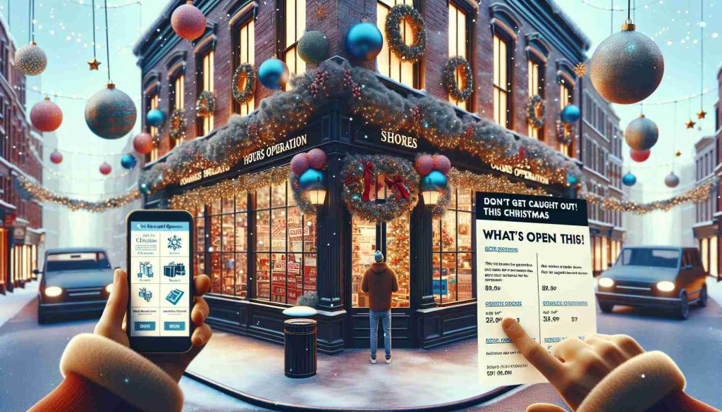 Create a realistic, high definition image representing the concept of 'Don't Get Caught Out! Find Out What's Open This Christmas'. This could include visual elements such as a digital paper listing a few generic store names with festive decorations, festive hours of operation signs on shop doors, a person checking a website on a computer or smartphone, indicating the online search for open stores during the holiday season, all set against a backdrop of a city street lavishly adorned with Christmas lights and decorations.