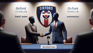 High-definition realistic image of a new chapter for the Oxford United football club. Showcase an official press conference, unveiling the newly appointed head coach. The scene could involve the new head coach in front of a branded backdrop, wearing the club's colors, shaking hands with an anonymous senior club official. Ensure that the atmosphere is filled with anticipation and future resolve.