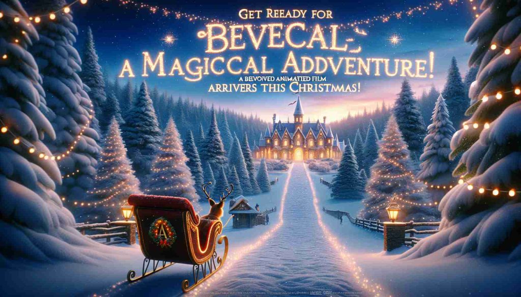 Visualize a festive teaser poster with the phrase 'Get Ready for a Magical Adventure! A Beloved Animated Film Arrives This Christmas!' emblazoned across it, text composed of snowy letters. The poster should depict an enchanting winter landscape with a snowy forest with a path leading to a grand, brightly lit mansion in the distance. A sleigh driven by an unknown character in a sparkly dress, who has a warm and inviting expression, is parked on the path. The sky is a beautiful fading twilight with stars beginning to sparkle. A gentle snowfall adds a festive feel to the scene.