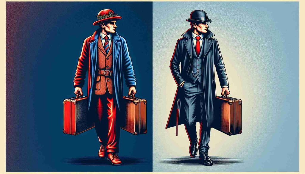 Detailed image showcasing the narrative of a traditional British character, wearing a red hat, blue coat, and carrying a suitcase, matched against a modern, sharp-dressed, British professional, characterized by a black suit, tie, and holding a façade of mystery. This image is a striking contrast between Britain's classic and evolving identities.