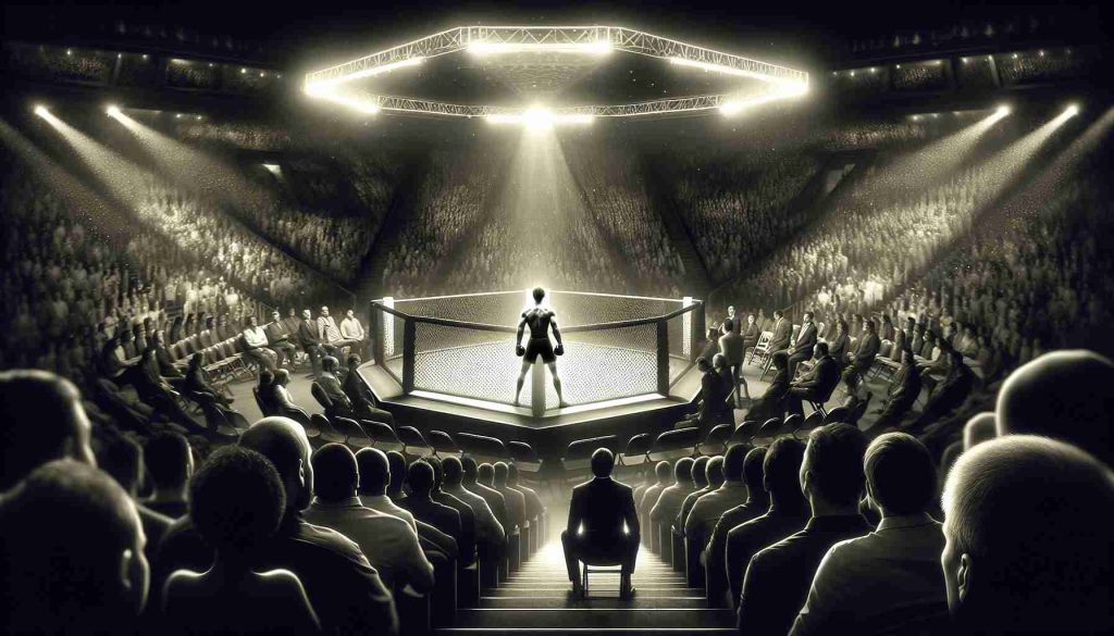 Generate an image of a realistic high definition scenario inside an octagon-shaped ring. The main attraction is a fighter standing ready, the anticipation is high. Amazingly enough, a person with no known links to the combat world, perhaps a librarian or sculptor, steps forward to coach him from his corner. The crowd gasps in shock as this unexpected ally stands by his side, adding mystery and excitement to what is already an intense situation. Also include the electrifying atmosphere with spectators watching with bated breath.