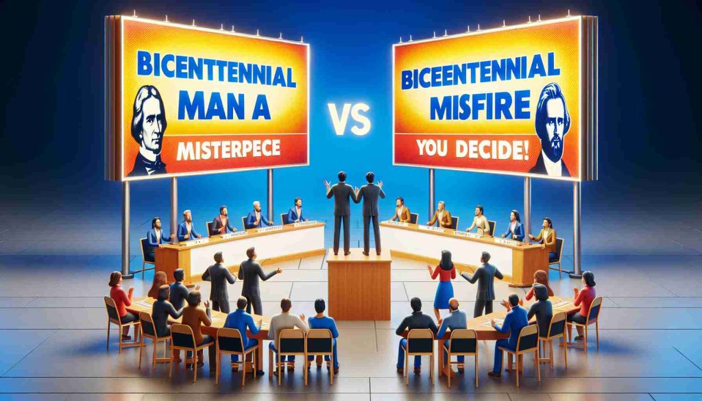 Create a realistic HD scene of a debate taking place. On one side, a bright banner with the text 'Bicentennial Man a Masterpiece' and on the other side, another banner with 'Bicentennial Man a Misfire'. In between both, people passionately discussing their opinions. Include a sign at the top saying 'You Decide!'