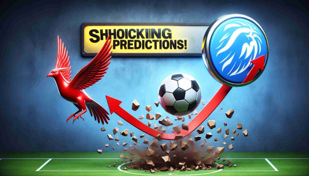 A realistic, high-definition image depicting a shocking sports prediction where a soccer team symbolized by a liver bird is rising dramatically, while another team represented by a sky blue roundel is plummeting. This scene is shown in a dynamic graphic, with arrows emphasizing the opposite direction of both teams and the words 'Shocking Predictions!' displayed in bold, large font at the top.