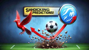 A realistic, high-definition image depicting a shocking sports prediction where a soccer team symbolized by a liver bird is rising dramatically, while another team represented by a sky blue roundel is plummeting. This scene is shown in a dynamic graphic, with arrows emphasizing the opposite direction of both teams and the words 'Shocking Predictions!' displayed in bold, large font at the top.