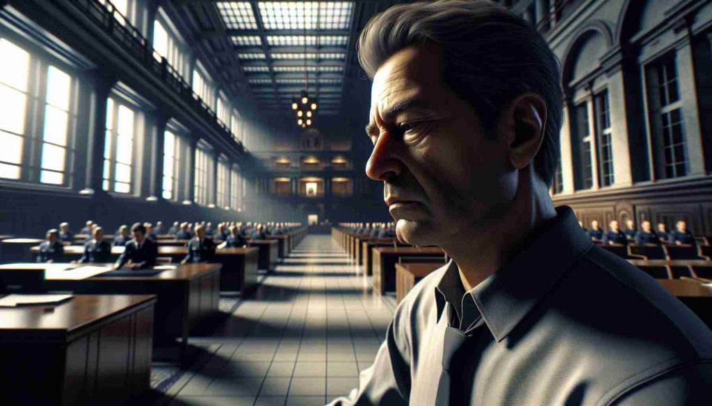 A realistic HD depiction of a fictional event where a man is facing consequences for his wrongdoings. The scene captures a moment in a complex, architectural setting, akin to a governmental building. The man, a middle-aged Caucasian individual, is pictured in contemplation, evoking introspection and regret. The question arises: can he turn back time?