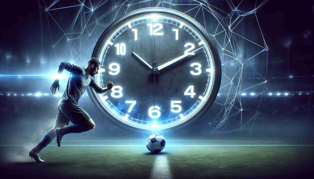 Create a realistic high-definition image of a suspenseful moment in a football match. A key player is poised with the ball, possibly about to make a game-changing move. A large clock is evident in the background, symbolism of the eminent deadline.