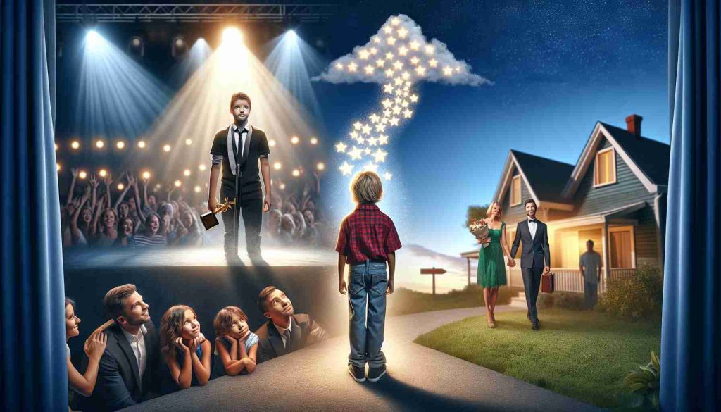 High-definition realistic image of a conceptual interpretation of a journey from a child star to a family man. The scene depicts a young boy standing under bright stage lights, with adoring crowds visible in the background. The boy is holding an award signifying his status as a prodigy in his craft. Transitioning from this, the image reveals an adult man in a serene suburban setting. He is surrounded by his family, with a sense of satisfaction and fulfillment on his face. The clouds above them in the clear blue sky form a path, metaphorically representing the unexpected journey.