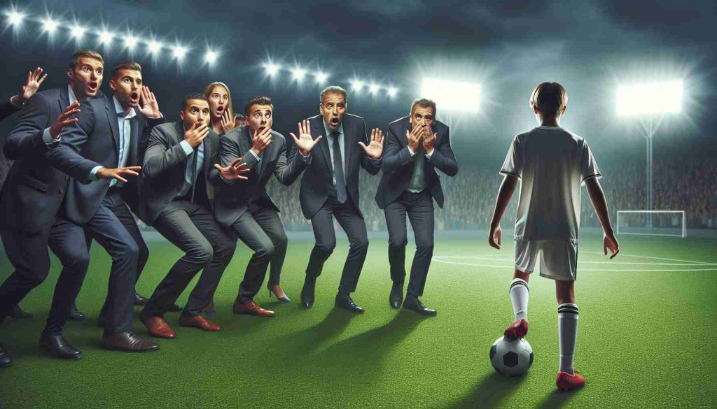 Realistic HD photo representing a scandal in the football world involving an exceptionally young player. The scene should show a football pitch, a bewildered crowd and the anonymous young player, astonished to be amidst grown adults on the field.