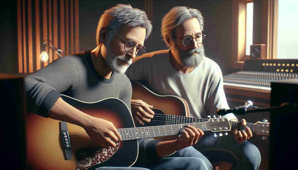 Create a high-definition, realistic picture of two mature male musicians sitting together with their guitars as if they are playing a song. One has round spectacles and short, side-parted hair, the other has longer hair and a full beard. Both appear engrossed in their music. This appears to be their last time playing together in a warmly lit room filled with recording equipment.