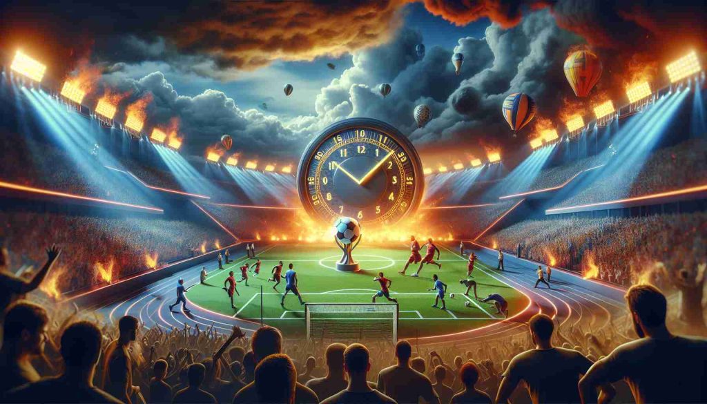 Generate a high-definition, realistic photo illustrating the concept of an upcoming intense sports challenge. Depict a metaphorical countdown, perhaps a clock or a calendar, that symbolises the anticipation for the conflict. Replace the precise location and team names with generic representations to avoid copyright infringement. Set it up in a vividly animated sports arena filled with eager spectators. Do include illustrations of generic players preparing for the battle in the background.