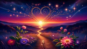 An HD realistic illustration of a scene symbolically representing the concept of 'Love Awaits'. Perhaps a beautiful sunset horizon in the distance, with a path leading towards it to signify journeying towards one's heart's destiny. On that path, feature various symbolic items related to love and destiny such as intertwined branches forming heart shapes, petals from blooming flowers in vibrant colors subtly forming an arrow pointing in the direction of the horizon, or a plethora of stars twinkling more brightly in that particular direction, signifying a celestial guidance.