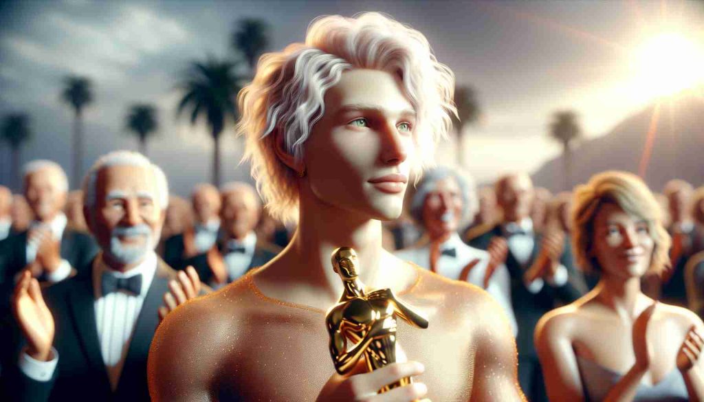 A poignant image capturing the spirit of a lifetime achievement award in the film industry. Imagine a light-haired, androgynous figure shown in vibrant clarity and high definition, holding a symbolic gold bear trophy. They radiate a sense of accomplishment and grace, encapsulating years of hard work and talent. Appreciative onlookers stand in the background, clapping and sharing in the joyful occasion.