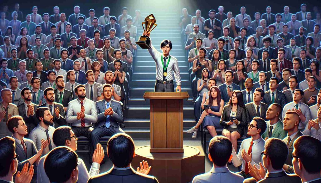 A high-quality, realistic illustration portraying a surprising outcome during a gaming award ceremony. The audience is in a state of shock and awe as an underdog rises to the podium, holding the trophy. The atmosphere is filled with suspense and wonder, reflecting the unexpected twist. There are individuals from various occupations, genders, and descents, including Asian men and women, Black men and women, Caucasian men and women, Hispanic men and women, Middle-Eastern men and women, and South Asian men and women, all contributing to the excitement of the moment.