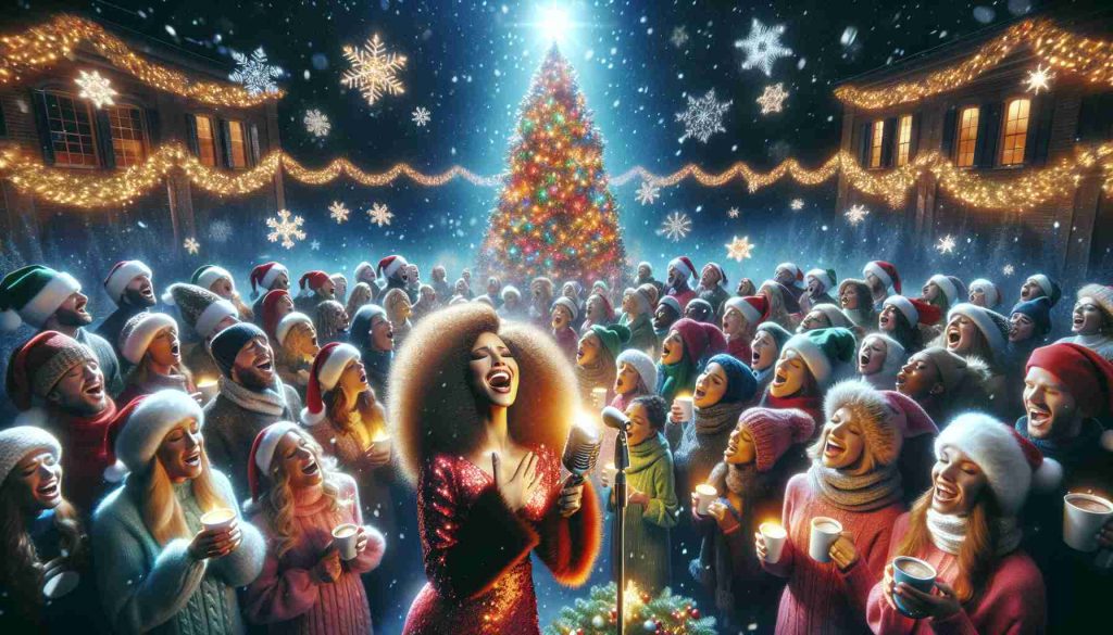 A high-definition, realistic image of a grand holiday finale with plenty of stars decorating the scene. Christmas spirit shines through in the vibrant decoration with a large Christmas tree, strings of lights, snowflakes falling, and people bundled up in warm attire sipping on hot cocoa. In the center of it all, a radiant woman with curly hair is belting out a festive tune. She is surrounded by a diverse choir, each member focused and enjoying the performance.