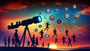 A conceptualized image of major soccer clubs scouting players. Illustrate a large horizon under a vibrant sunset, with soccer club logos floating in the sky. Each logo is connected to a telescope, signifying the clubs' eyes, aiming towards silhouette figures of diverse soccer players in the distance. The players vary in gender and descent, include but are not limited to, Hispanic, Asian, Caucasian, and Black. The silhouette figures should indicate that they are proficient in soccer; dribbling, shooting, or running with the ball. Ensure the image resonates with the augmentation of professional soccer transfer market.