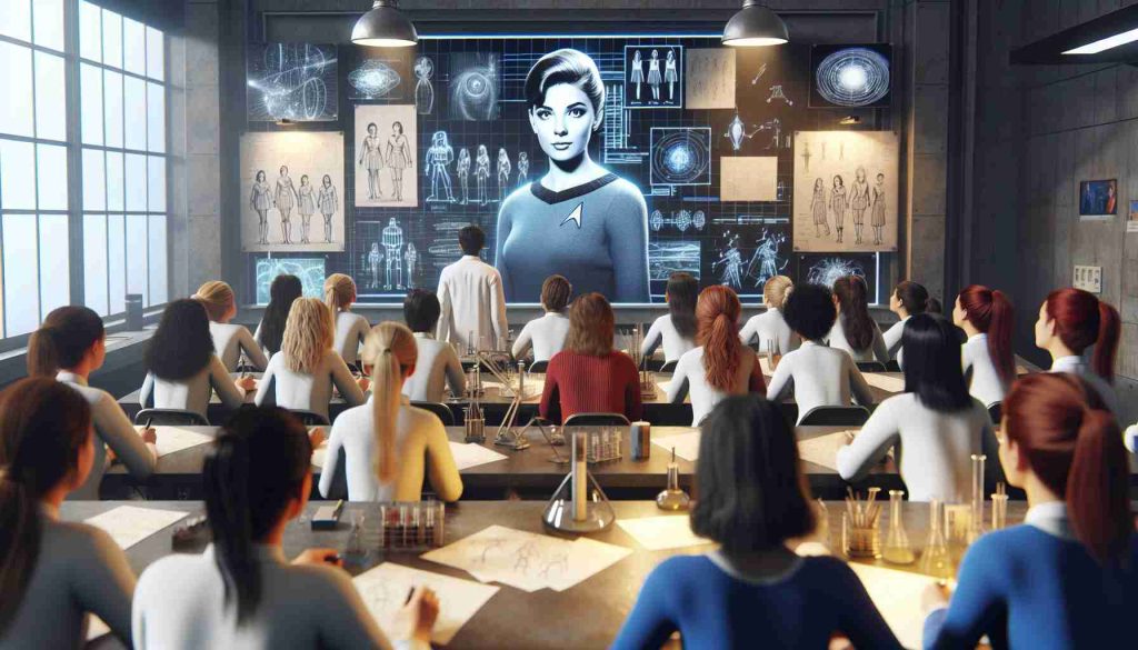 Realistic high-definition image capturing the influence of an iconic female fictional character from a popular science fiction television series, as imagined by budding women in the field of science. The scene ideally would feature a laboratory setting with various displays of scientific equipment, diagrams, and sketches that these young women are actively engaging with, inspired by the heroic deeds and intellectual acumen of this role model. Some of the aspiring scientists are Caucasian, some are Hispanic, some are Black, some are Middle-Eastern, and some are South Asian.