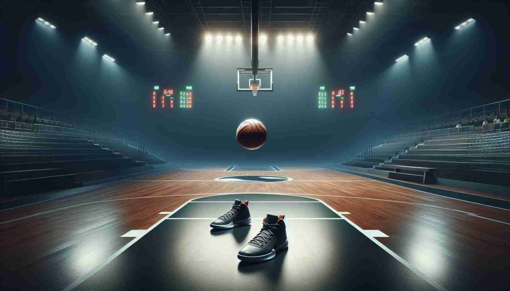 A high-definition, realistic photo showcasing an empty basketball court, suggesting the missing presence of an important player. The scene can be underscored by a suspended basketball in mid-air, a lone pair of sneakers at the center, or a scoreboard reflecting an unfinished game. The overall atmosphere can be spiced up with a hint of mystery, anticipation, and the silent question - What's going on?