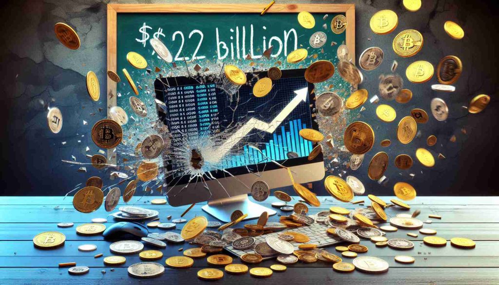 Generate a highly-detailed, realistic HD photo that represents the surge in cryptocurrency hacks. It should show numerous scattered coins, representing a variety of cryptocurrencies, pouring out of a cracked computer screen onto a desk. Depict figures on the screen illustrating a sharp upturn, implying a crisis. Include a chalkboard in the background on which '$2.2 Billion' is dramatically written, highlighting the magnitude of the problem.