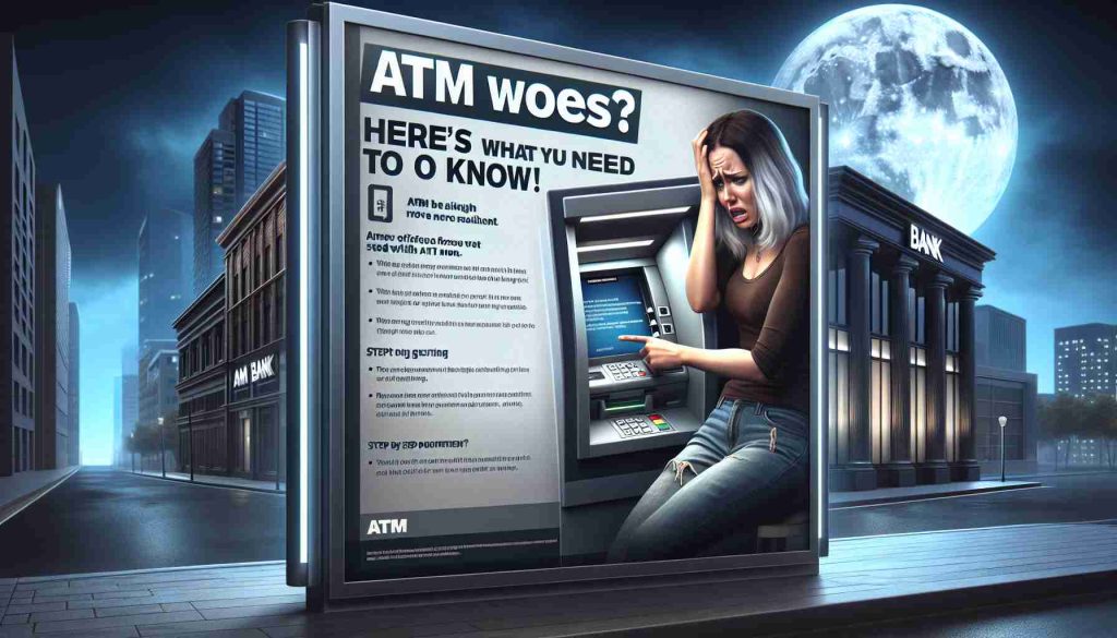 A high-definition, realistic image showcasing the scenario of an individual facing difficulties with an ATM machine. Elements to include are: a frustrated Caucasian woman in her 30s trying to read the screen of an ATM; a sign next to the ATM providing step by step guidance; the background should depict an urban scene at night, possibly the exterior of a bank. The sky is gloomy with a silver moon. The heading 'ATM Woes? Here's What You Need to Know!' is boldly inscribed in a font that grabs attention, set against a contrasting background.