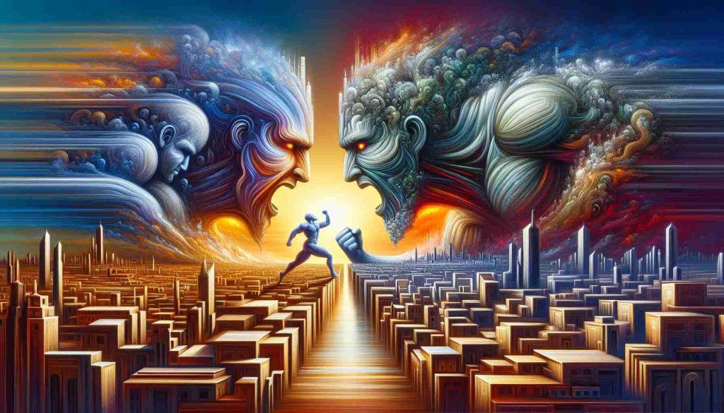 A high-definition, realistic representation presenting an intense face-off termed as 'The Great Clash'. It metaphorically depicts the city of Pachuca, represented as an underdog, rising against giant entities, symbolizing the 'Titans'. The city is portrayed full of energy and determination, symbolized by dynamic shapes and vibrant colors. The titans, on the other hand, are shown as formidable forces of impressive magnitude and strength, captured through towering figures and formidable expressions. Through this artwork, resonate the themes of struggle, perseverance, and resilience, igniting a compelling narrative of an intense rivalry.