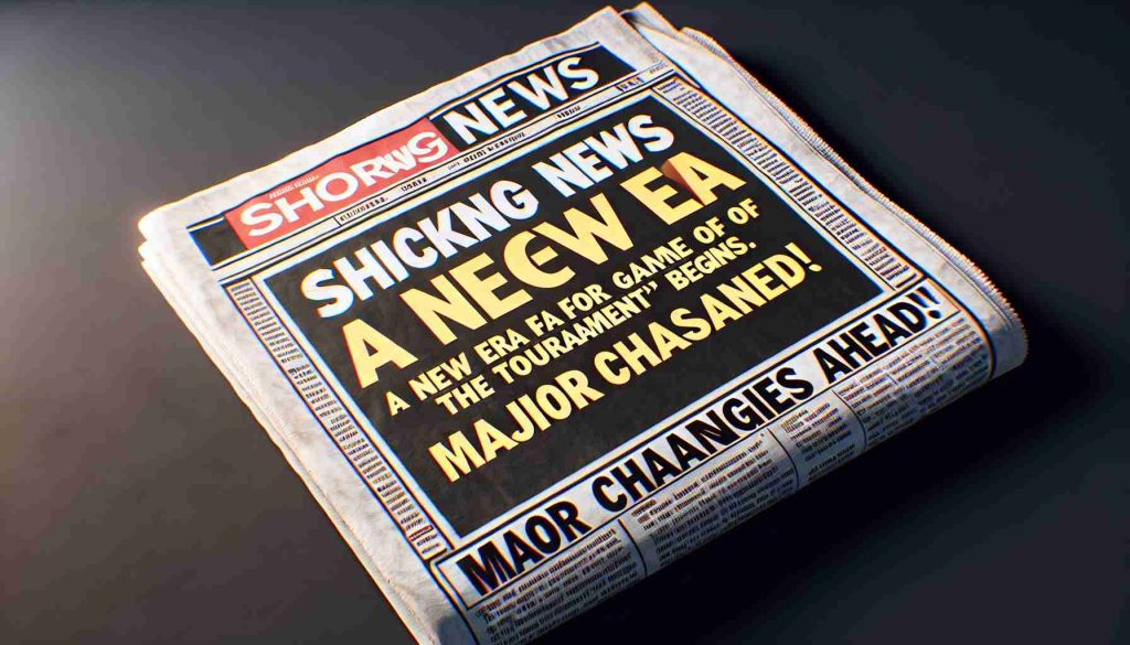 Realistic, high-definition image of a tabloid-style newspaper headline. It loudly proclaims 'Shocking News: A New Era for 'Game of the Tournament' Begins! Major Changes Ahead!' It gives off a sense of intrigue and excitement about upcoming alterations.