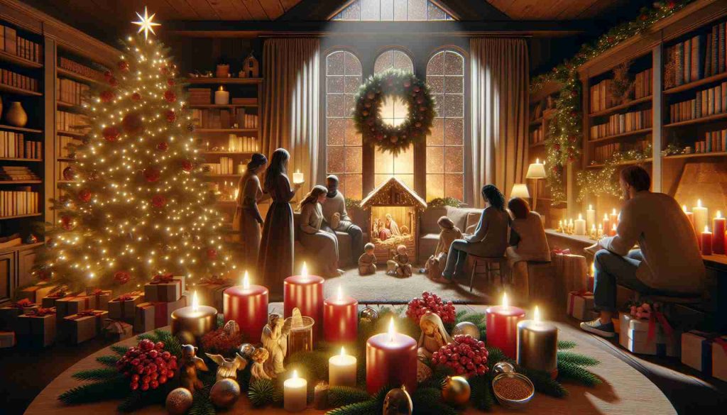 A high-definition, realistic image capturing the essence of Advent, embodying the anticipation and preparation for the joyous arrival of Christmas. The scene should include traditional symbols such as an Advent wreath with candles symbolizing Hope, Love, Joy, and Peace; a well-lit Christmas tree with ornaments; a nativity scene displaying the birth of Jesus; and perhaps a family gather around in the warm ambiance of a living room, with at least one Caucasian, one Hispanic, and one Black individual being part of the gathering, depicting an indeed inclusive and harmonious Christmas celebration.