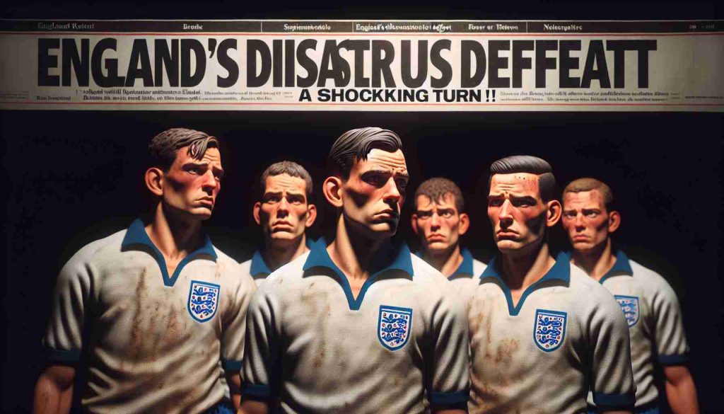 A highly detailed, realistic rendering of a dramatic scene depicting the aftermath of an intense sports match. The uniformed players, who represent a team from England, show grim expressions, disappointment, fatigue, and defeat. A headline floats over the scene: 'England's Disastrous Defeat: A Shocking Turn!' The image exudes a sense of mystery and encourages the viewer to discover more about the stunning outcome.