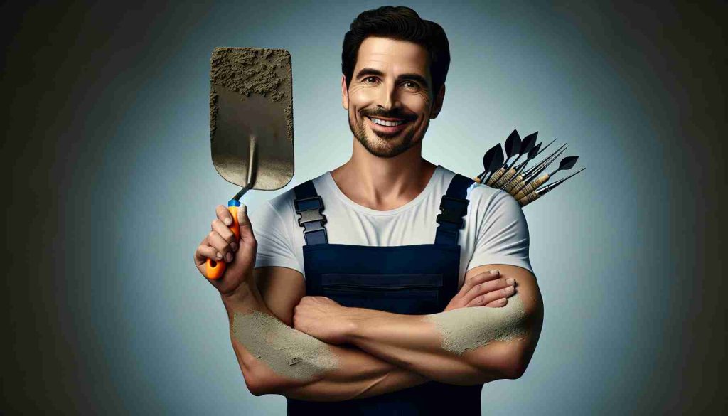 Realistic HD photograph portraying the rise of an individual from being a plasterer to becoming a sensation in the game of darts. This man, of Caucasian descent, has an average build and short, dark hair. He stands proudly with a trowel in one hand, indicating his previous occupation as a plasterer, and in his other hand, he confidently holds a set of professional darts. He wears a bright grin on his face, reflecting his successful journey.