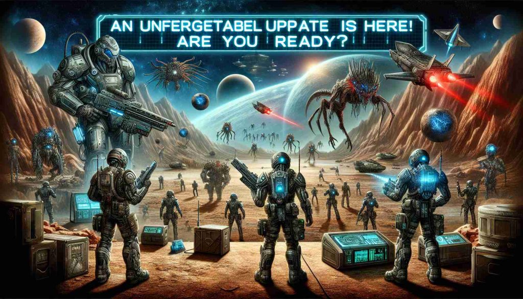 A detailed HD image representing a hypothetical sequel to a popular science fiction game, titled 'Underground Warriors 2: An Unforgettable Update has Arrived!'. The scene includes elements of intrigue and readiness. The setting mimics the feeling of a combat mission on a remote, hostile planet where futuristic soldiers clad in heavyweight suits, laser weapons and various tech gadgets stand ready for action. Alien landscapes, and monstrous creatures just beyond the line of sight provide an air of palpable tension. Text announcing 'An Unforgettable Update is Here! Are You Ready?' overlays the top of the image.