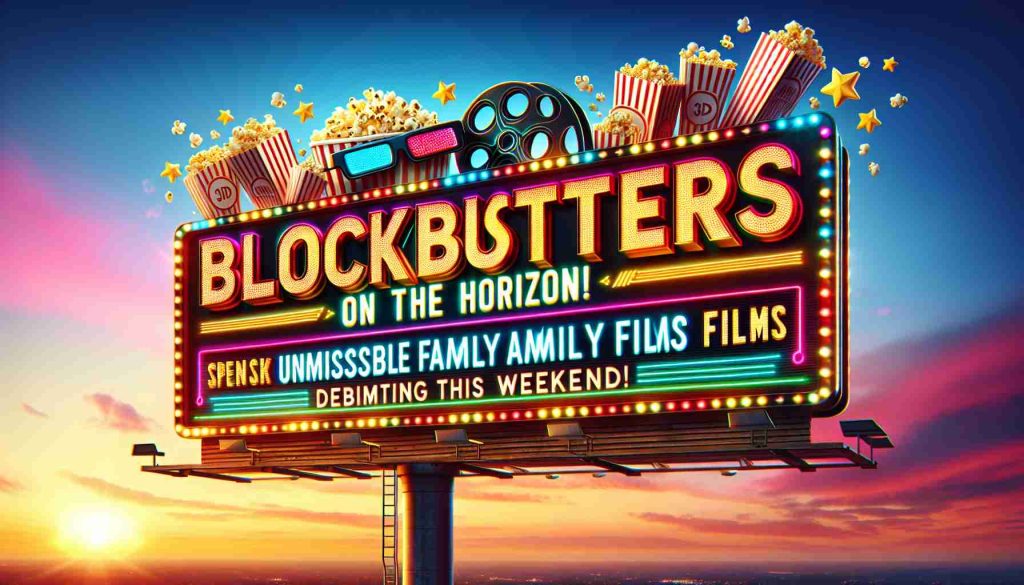 An exciting and vivid billboard image depicting the phrase 'Blockbusters on the Horizon! Unmissable Family Films Debuting This Weekend'. The sign should be designed with dazzling fonts and bright colors to captivate attention. With popcorn, 3D Glasses, and film tapes as embellishments, it gives a sneak peek of the fun that awaits movie enthusiasts. The background can hint at a sunset horizon to create anticipation for the upcoming weekend.