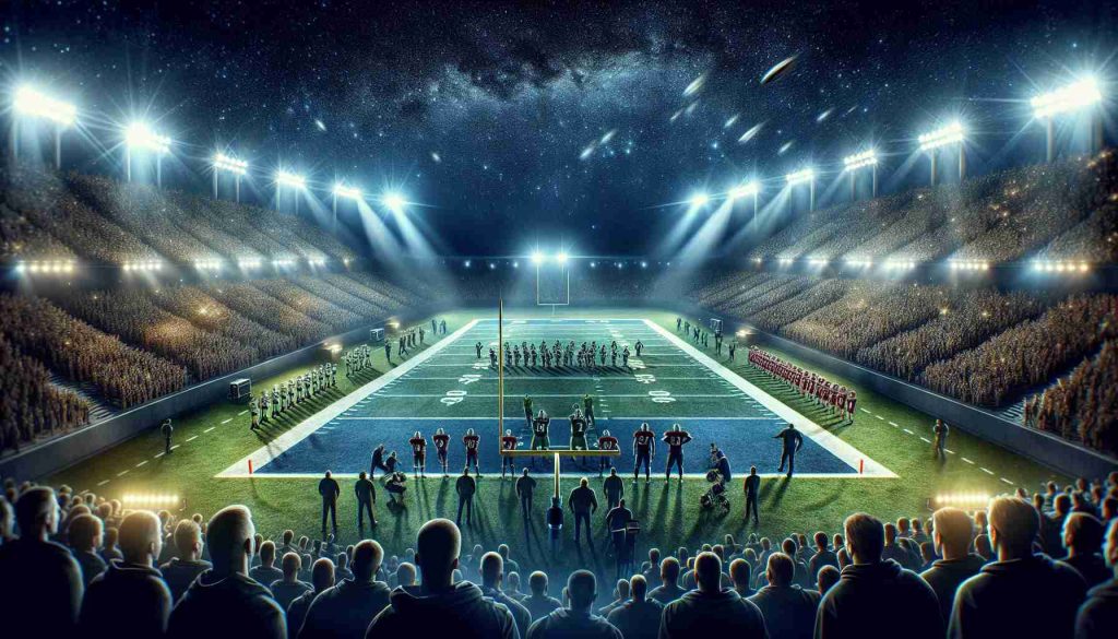 A realistic high-definition image depicting a grand showdown. It is a historic night, filled with anticipation and excitement, as two in-state rivals get ready to face each other. The scene captures the tension and energy of this monumental event, with the vast night sky strewn with stars serving as the backdrop. On either side, we see teams preparing for the face-off, filled with determination and resolve. There is an incredible display of camaraderie and sporting spirit as the rivals gear up to put on a memorable show.