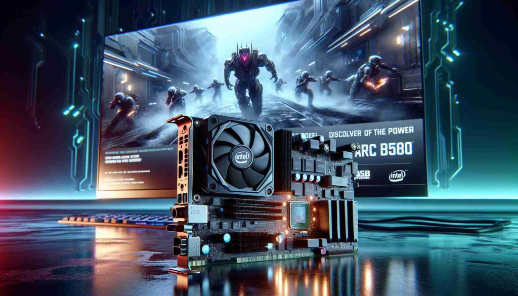 A high definition, realistic illustration of a next-level gaming setup powered by the new ARC B580 component. This concept emphasizes the extreme performance detail of the hardware component, showcasing circuit board detail, shiny capacitors, and highlighting the logo. In the background, portray intense gaming action displayed on a futuristic monitor, with dynamic in-game scenes reflecting on the slick surface of the console. The setting has a futuristic theme with cool and warm lighting contrasts. A tagline at the bottom reads 'Intel Takes Gaming to the Next Level! Discover the Power of the New ARC B580!'