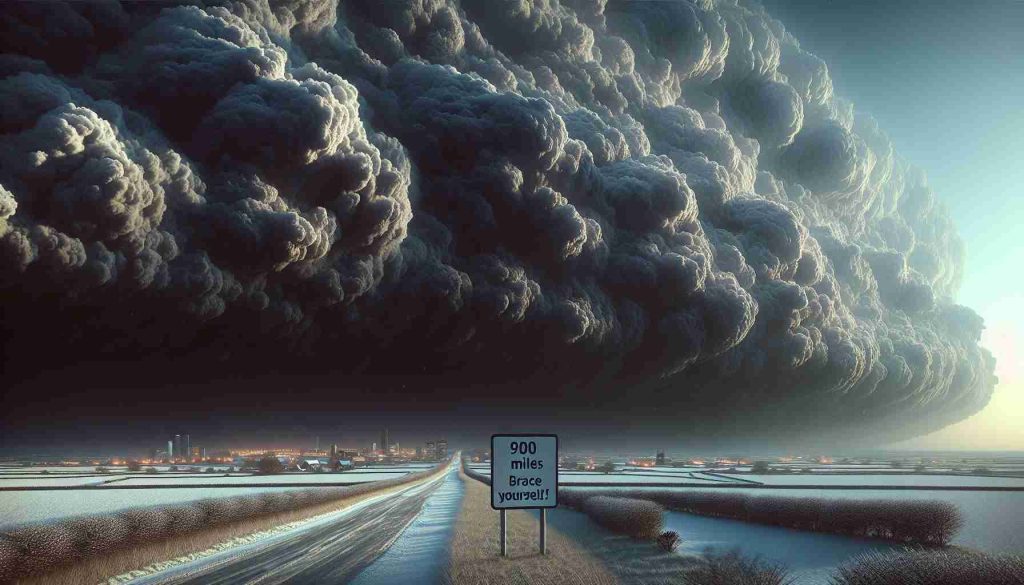 A realistic high-definition image illustrating a substantial snowstorm spanning 900 miles, approaching the United Kingdom. The image contains thick dark clouds amassed in a menacing, turbulent formation. The foreground of the image displays a marked sign saying, 'Brace Yourself!'. The ground is beginning to be dusted with the first signs of snowfall. The landscape is illuminated with a faint gloam, suggesting the onset of the storm. Portray a few buildings, symbolizing towns or cities of the UK, under the ominous sky.