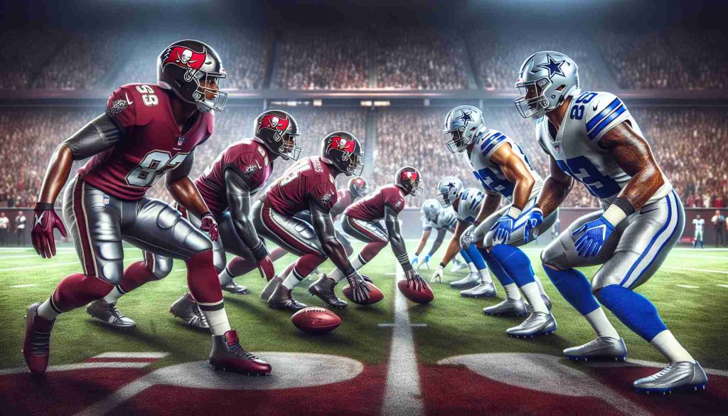 Realistic high-definition image depicting an intense sports event. A football team dressed in burgundy and pewter, known as the 'Buccaneers,' competes fiercely against a rival team adorned in silver and navy blue, known as the 'Cowboys'. Notable is the anticipation and tension that fills the stadium, mirroring the importance of a playoff game. Will their dreams of victory survive this clash? Capture both teams on the field, athletes ready for action, the crowd's excitement, and the overall atmosphere of this pivotal moment in the sports season.