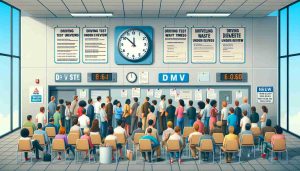 Create an HD image showing a crowded DMV office with many people of various descents and genders impatiently waiting for their driving tests. Add a visible clock on the wall showing a lot of time has passed. Supplement the scene with messages pinned to noticeboards about the driving test wait times under review and new measures being prepared.