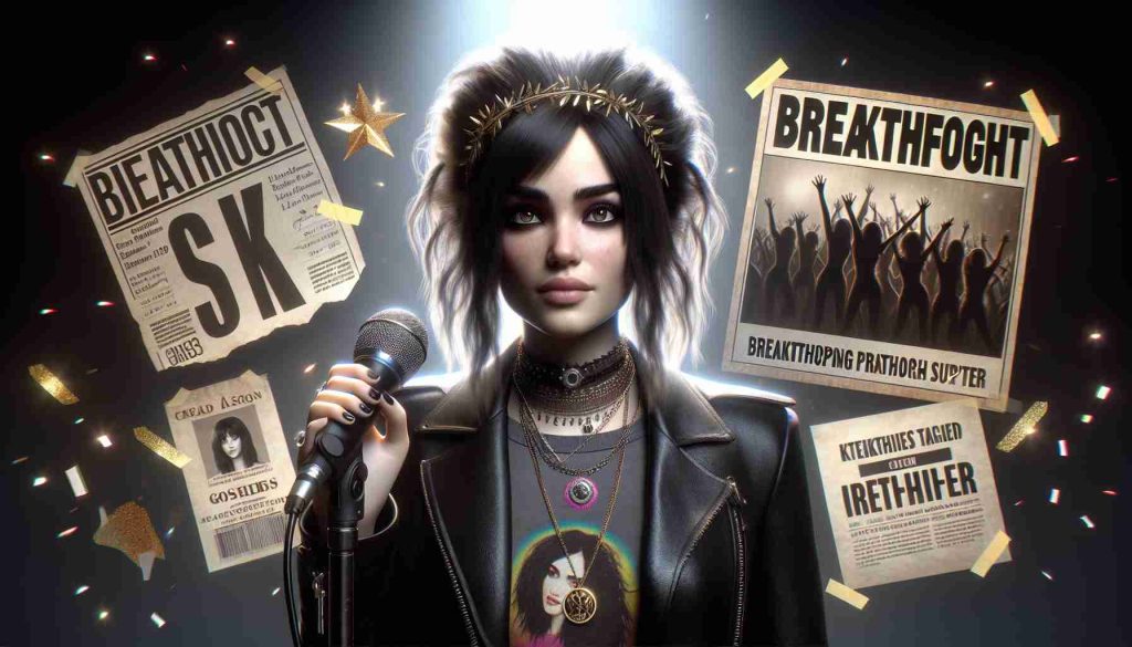 A realistic, high-definition image celebrating the epic success of a chart-topping breakthrough pop musician who bears resemblance to a popular British pop star. She may have her signature dark hair and gothic style, holding a microphone and possibly surrounded by signs and symbols of her triumph in the music industry. Please ensure the image does not directly depict any specific real-life individuals for privacy reasons.