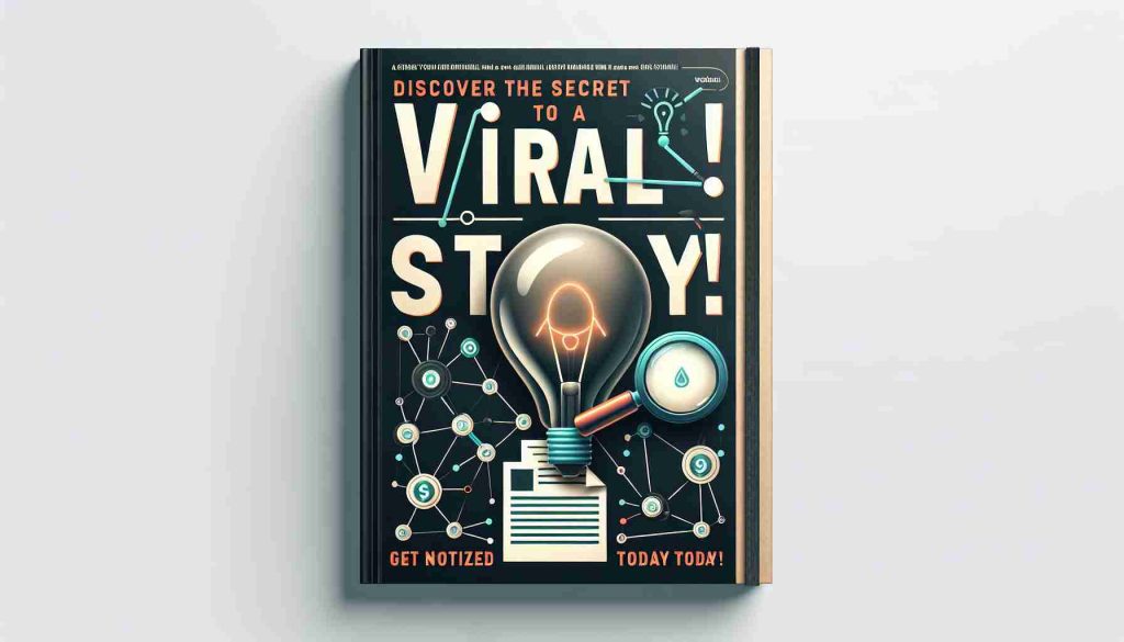 High-definition realistic image of a cover for a guide titled 'Discover the Secret to a Viral Story! Get Noticed Today!' The cover features striking, eye-catching typography and a few smaller elements that hint at the content within, like a lightbulb representing an idea, a series of connected nodes representing viral spread, and a magnifying glass on a document representing investigative storytelling. The layout is balanced and inviting, designed to pique the reader's curiosity and promise value.