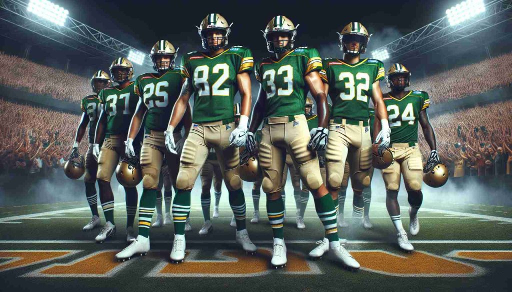 Generate a realistic HD image of a dominating American football team, decked out in green and gold uniforms. The scene suggests they're ready for their next big challenge. Add an atmospheric stadium backdrop packed with cheering fans. Also, include a large electronic scoreboard showcasing their recent victories.