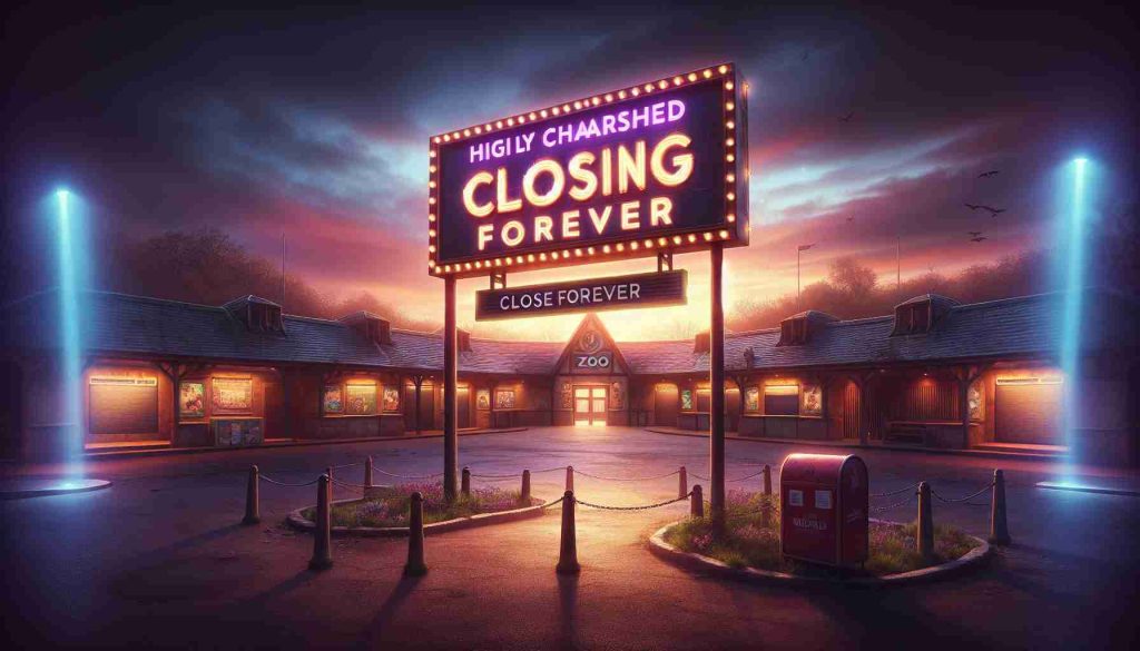 Generate a realistic, high-definition image showing a melancholic scene of a highly cherished zoo announcing its permanent closure. The main focus is on a large sign, brightly illuminated, that stands at the entrance, sharing the shocking news of the zoo's closure, 'Closing forever'. It's early evening, the sky is adrift with blend of orange and purple hues. The deserted paths, closed kiosks, and the quiet almost seem to echo the public's sadness. Emphasis on the realism of the image.