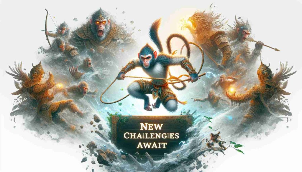 A high-definition illustration capturing the essence of a mythical tale involving a monkey warrior. This imaginary scene encompasses fresh challenges, indicating the various trials the protagonist has to face. Teetering on the brink of intense battles, the energised aura of the monkey warrior against intimidating foes makes for an epic composition. The title 'New Challenges Await' looms in bold letters