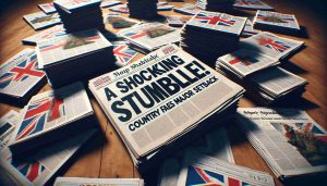 Generate a realistic high definition depiction of a newspaper article with the headline 'A Shocking Stumble! Country Faces Major Setback'. The article should hint at a significant event causing distress. The overall ambience of the image should depict a sense of surprise and disappointment. It could be an array of newspapers scattered on a tabletop, the main headline standing out prominently.