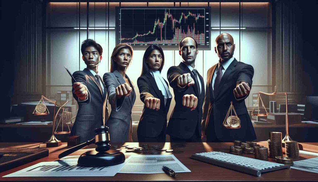 A high-detail, realistic photo mockup of a major event related to cryptocurrency. The image portrays a group of diverse investors - a South Asian woman, a Caucasian man, a Middle Eastern woman, and a Black man - expressing determination and defiance. They are in a corporate office setting, instruments of the case in their hands, ready to engage in a legal battle over the alleged cryptocurrency crash. The atmosphere reflects a strong sense of justice and righteous indignation, highlighted by dramatic light and shadows. Electronic screens in the background display falling stock market charts.