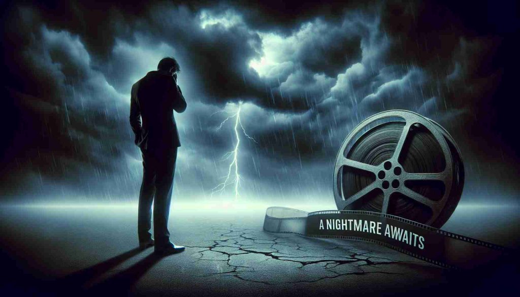 Create a hyperrealistic HD image capturing a dramatic cinematic moment symbolizing a major career misstep. Incorporate symbolic elements like a dark, stormy background, a cracked film reel, and the silhouette of a figure standing with slumped shoulders at the center. The person should be unrecognizable, emphasizing more the general idea of an actor's slip rather than a specific individual. Overlay the chilling movie title 'A Nightmare Awaits'. The overall tone should feel ominous depicting the uncertain future of an actor's career.