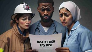 Realistic high-definition image of public sector workers, including a South Asian female firefighter, a Black male teacher, and a Middle Eastern female nurse, looking at a document that has 'Insufficient Pay Rise' written on it. They exhibit expressions of concern and disbelief, questioning whether it will be enough.